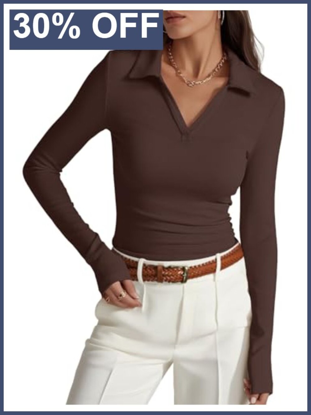 Womens Long Sleeve Polo Shirt Ruched V-Neck Business Casual Work Top